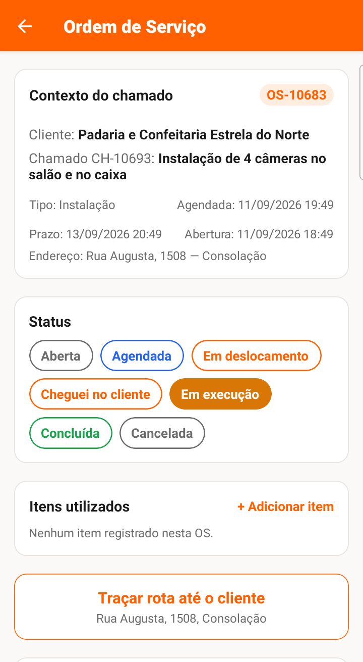 Ordem de serviço no aplicativo